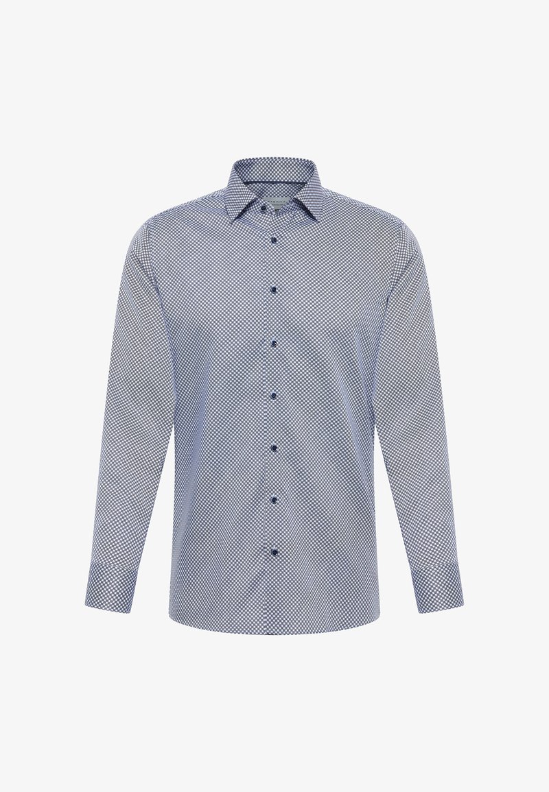 Chemise à manches longues en motif géométrique bleu marine et blanc ; elle présente un col standard, une fermeture à boutons sur le devant et des boutons assortis.