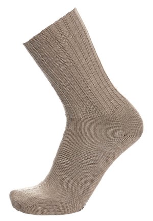 Knielange, tanfarbene Socke aus geripptem Stoff, mit glatter Textur und dehnbarem Material für Komfort und Passform.