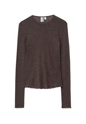 Brown long-sleeve top made from soft fabric, featuring a rounded neck, raw hem edges, and a relaxed fit. Textured surface with subtle grain.