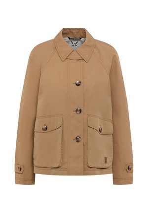 Beige casual jacket with large front button closure, two buttoned flap pockets, buttoned cuffs, and a pointed collar.