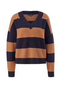 Pull rayé en navy et beige, fabriqué à partir d'un matériau doux, présentant un col en V, des épaules tombantes et des poignets et un ourlet côtelés.