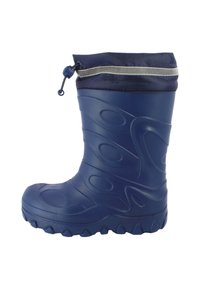 Botte de pluie en caoutchouc bleu avec une surface texturée, des motifs ondulés et un revers en tissu marine maintenu par un cordon de serrage. Semelle épaisse avec un bon grip.