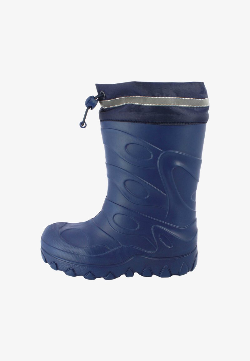 Blauwe rubberen regenlaars met een textuur, golvende patronen en een marineblauwe stoffen zoom die met een trekkoord is vastgemaakt. Dikke zool voor grip.