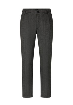 Dark gray tailored trousers feature a subtle herringbone pattern, a button closure, and belt loops for adjustable fit.
