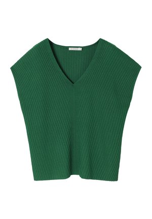 Zelený rebrovaný pletený top s výstrihom do V a širokými krátkymi rukávmi, so voľným strihom a jemnou textúrou.