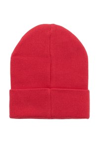 Czerwona dzianinowa czapka beanie z podwiniętym brzegiem, wykonana z miękkiego materiału. Gładka tekstura i zaokrąglony szczyt zapewniają ciepło i komfort.