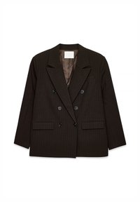 Dvojradový blazer v tmavohnedej farbe s prúžkovaným vzorom. Má klopové golieriky, štyri gombíky a dve predné vrecká. Hladká podšívka.