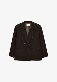 Blazer de doble botonadura en marrón oscuro con un patrón de rayas. Presenta solapas con muesca, cuatro botones y dos bolsillos frontales. Forro interior liso.