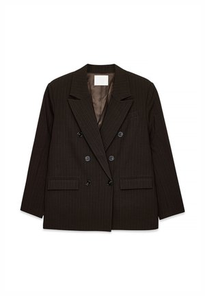 Dvojnaslojni blejzer v temno rjavi barvi s črtastim vzorcem. Ima zarezne ovratnike, štiri gumbe in dve sprednji žepu. Gladka notranja podloga.