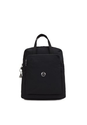 Black fabric backpack with two top handles, front zipper pocket, and circular logo. Smooth texture and minimalistic design.