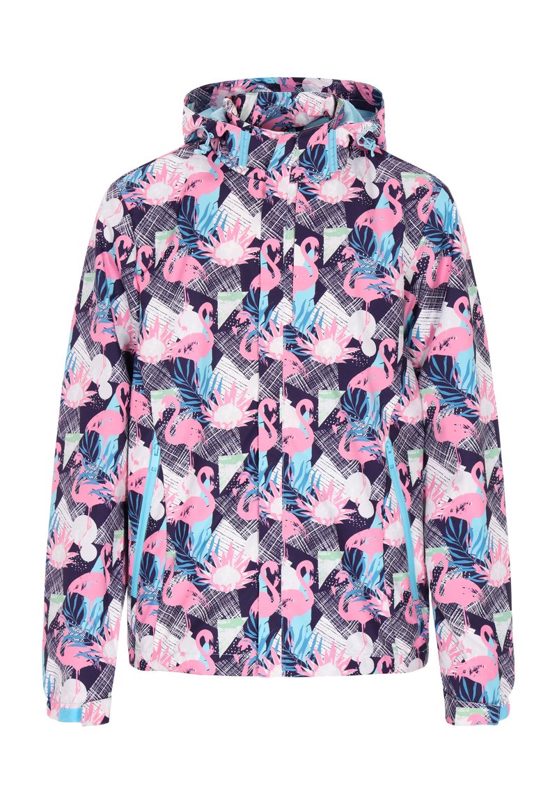 Farverig hættejakke med et blomster- og flamingomotiv i nuancer af pink, blå og hvid på en mørk marineblå baggrund.