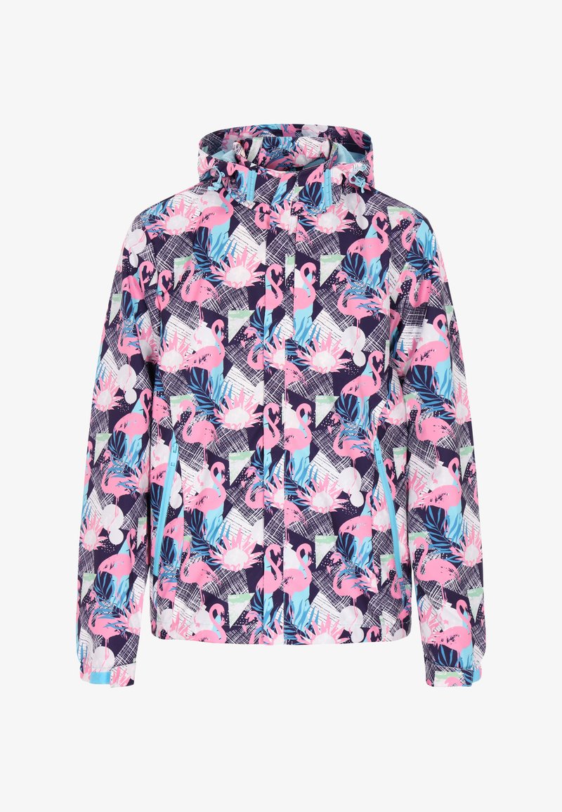 Farverig hættejakke med et blomster- og flamingomotiv i nuancer af pink, blå og hvid på en mørk marineblå baggrund.