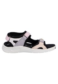 Svart och rosa multistroppad sandal med grå accent, med en flexibel vit sula och justerbara Velcro-stängningar för komfort.