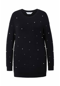 Felpa nera con maniche lunghe, scollatura tonda e decorazioni di perle finte sparse sulla parte anteriore. Realizzata in tessuto morbido e testurizzato.