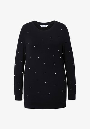 Schwarzer Sweatshirt mit langen Ärmeln, runden Ausschnitt und verstreuten Kunstperlenakzenten auf der Vorderseite. Hergestellt aus weichem, strukturiertem Stoff.