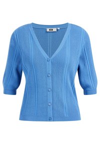 Světlá modrá pletená šněrovací bunda s výstřihem do V, krátkými nafouklými rukávy a zapínáním na knoflíky. Má vertikální žebrovanou texturu a pět knoflíků.