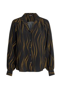 Blusa nera con maniche lunghe, chiusura a bottoni e un motivo a pois gialli ondulati. Materiale morbido con colletto e dettagli arricciati.