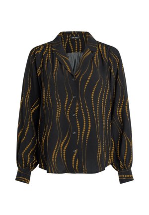 Schwarze Bluse mit langen Ärmeln, Knopfleiste und einem gewellten gelben Punktmuster. Weiches Material mit Kragen und gerafften Details.
