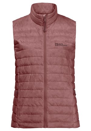 Gilet sans manches rembourré de couleur rose muted. Il possède un col montant, une fermeture éclair à l'avant et un motif matelassé horizontal. Logo sur le côté supérieur gauche.