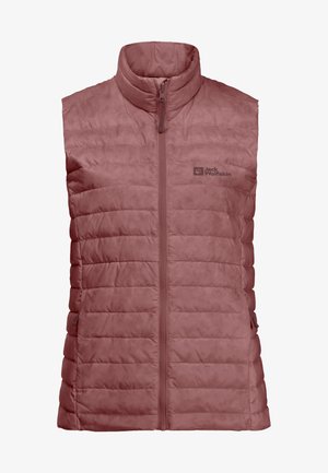 Sleeveless padded vest in muted rose color. Features a high collar, front zipper, and horizontal quilted pattern. Logo on the upper left side.