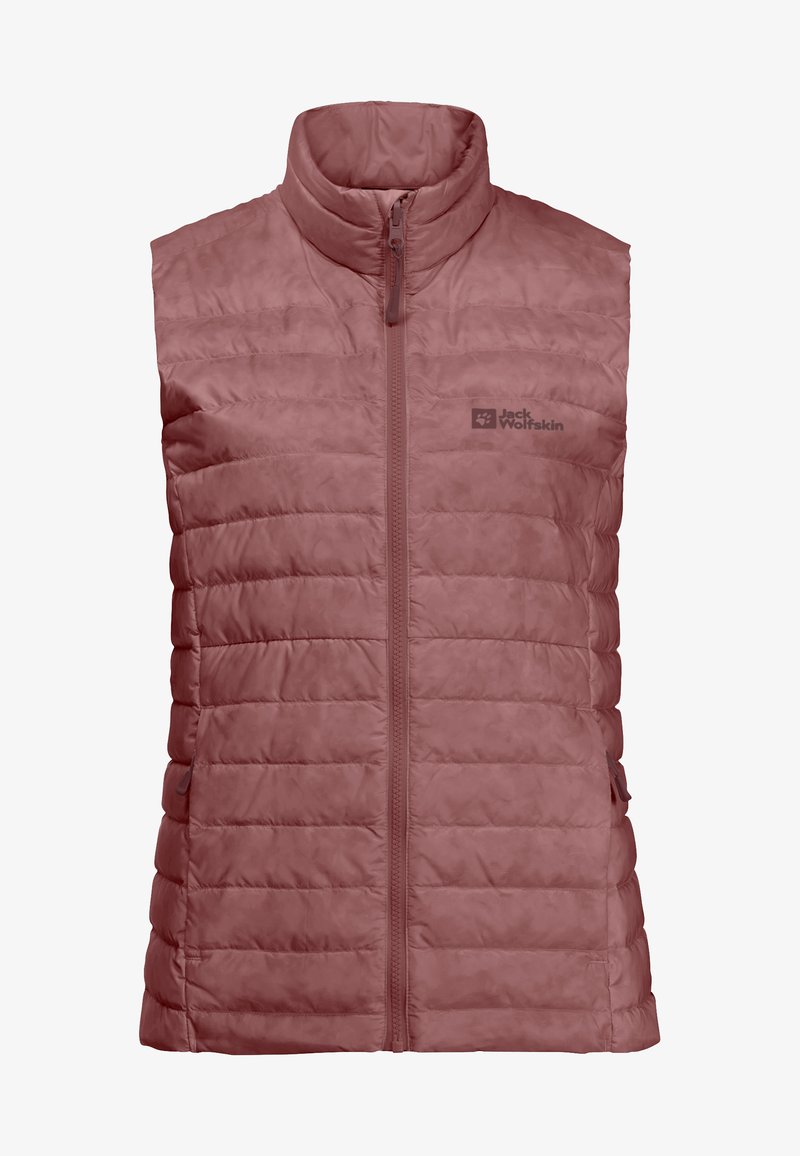 Gilet imbottito senza maniche di colore rosa tenue. Presenta un colletto alto, zip frontale e motivo trapuntato orizzontale. Logo sul lato sinistro superiore.