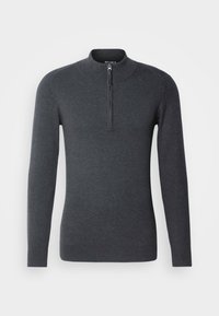 Maglione grigio scuro a collo alto realizzato in tessuto liscio, con chiusura lampo corta sul davanti. Maniche lunghe con polsini a coste.