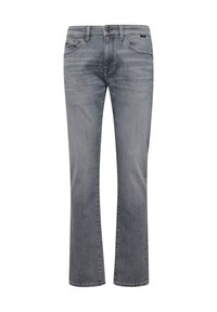 Graue Jeans aus Denim im Straight-Leg-Design. Merkmale sind fünf Taschen, Gürtelschlaufen und ein Knopfverschluss. Glatte Textur.