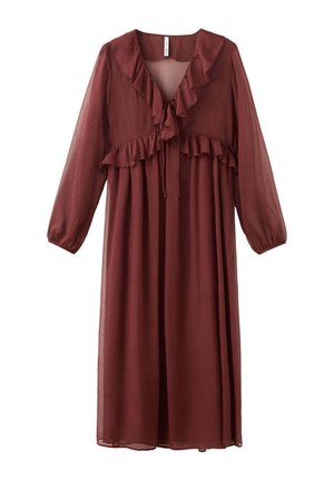 Długa, przejrzysta bordowa sukienka z długimi rękawami, dekoltem w kształcie litery V, marszczonym wykończeniem i wiązaniem z przodu przy talii i dekolcie.