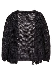 Otevřený pletený kardigan v tmavě námořnické barvě. Má uvolněný siluetu s dlouhými rukávy, širokým výstřihem a třásněmi na lemu.