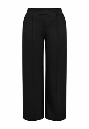 Pantalons larges noirs, présentant un tissu lisse, une taille élastique et deux coutures frontales, offrant une silhouette décontractée et un design minimaliste.