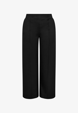 Čierne nohavice s širokými nohavicami, vyrobené z hladkej látky, s elastickým pásom a dvomi prednými švami, ktoré ponúkajú uvoľnený siluetu a minimalistický dizajn.