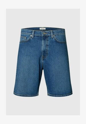 Modri denim kratke hlače z gumbom spredaj, zadrgo in dizajnom s petimi žepi, prikazane na svetlo sivi podlagi.