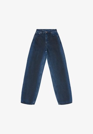 Dark blue high-waisted jeans with a loose fit, made from denim. Features five pockets, front button closure, and visible stitching.