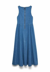Denim haljina bez rukava s uskim korzetom, punom suknjom i zatvaranjem na patentni zatvarač na leđima. Tkanina ima tkanu teksturu i srednju plavu boju.