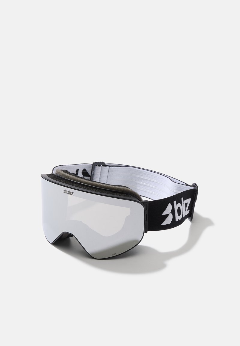 Occhiali da sci con lente ampia e specchiata, montatura nera e fascia in tessuto regolabile con logo bianco. Imbottitura morbida sul bordo interno.