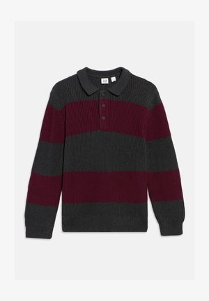 Megztinis ilgomis rankovėmis, polo stiliaus, su plačiomis horizontaliomis bordo ir tamsiai pilkomis juostomis, trijų mygtukų eiliuote ir ribuotu rankogalių bei apačios apvadu.