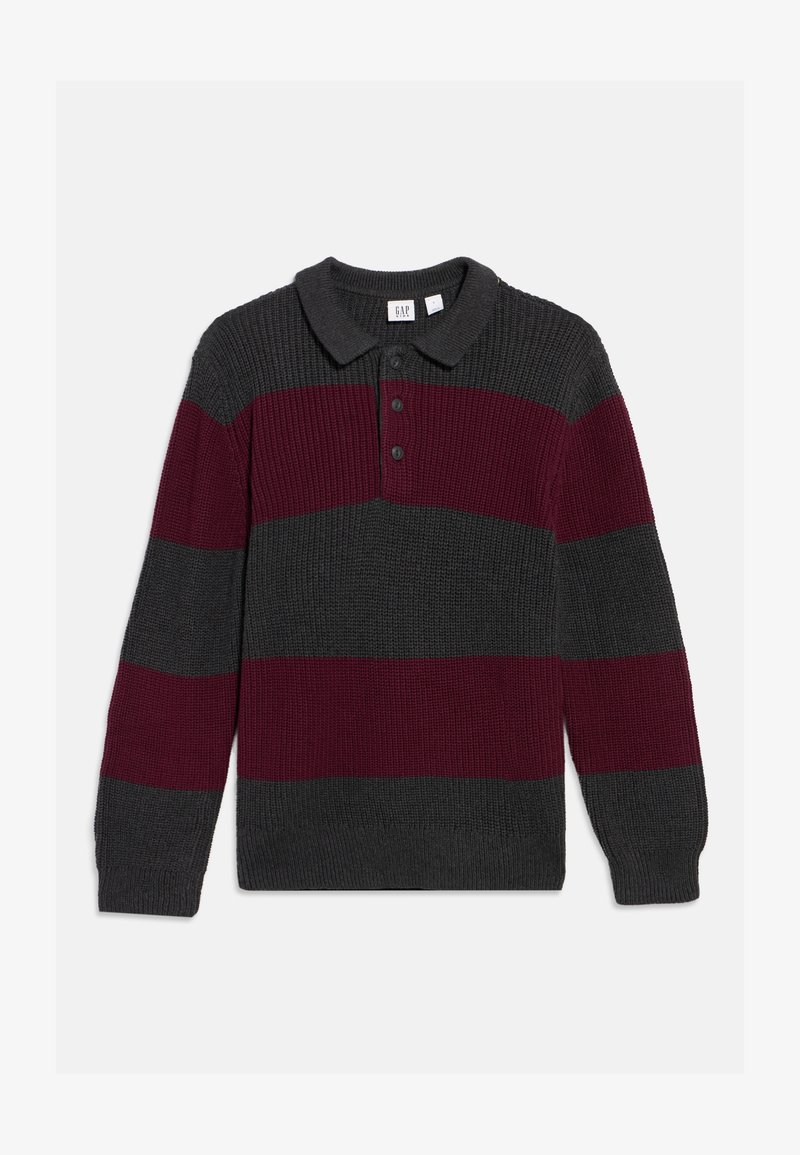 Pulover polo cu mâneci lungi tricotat, cu dungi orizontale late în culoarea burgundiei și gri închis, cu fenta cu trei nasturi și manșete și tiv ripsați.