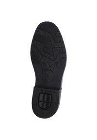 Semelle de chaussure en caoutchouc noir avec surface texturée, comprenant un motif en zigzag et des accents arrondis. Logo du fabricant estampé sur la zone du talon.