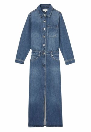 Džínové šaty s dlhými rukávmi, predným zapínaním na gombíky a golierom. Majú náprsné vrecko a bočný rozťah, v stredne modrej farbe s vyblednutou textúrou.