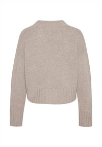 Beiger gestrickter Pullover, kurz geschnittenes Design mit gerippten Bündchen und Saum. Verfügt über einen runden Ausschnitt und eine strukturierte Stoffoberfläche. Keine sichtbaren Muster oder Verzierungen.