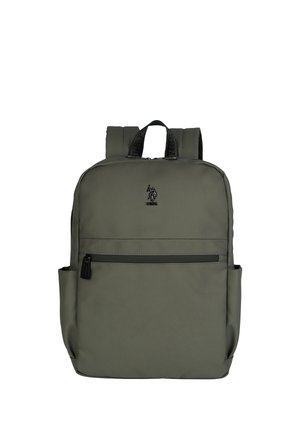 Olive green backpack with black logo, front zip pocket, side pockets, padded straps, and top handle.