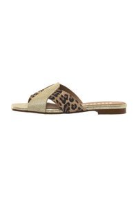 Sandali d'oro glitterati con una fascia incrociata in stampa leopardata. Suola piatta, design open toe, con una consistenza morbida e colori a contrasto.