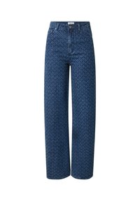 Hochtaillierte blaue Denim-Jeans mit lockerem Schnitt. Verfügt über ein dezentes Muster, einen Knopfverschluss und fünf Taschen. Strukturierte Stoffoberfläche.