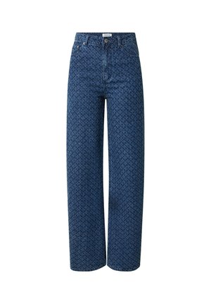 Hochtaillierte blaue Denim-Jeans mit lockerem Schnitt. Verfügt über ein dezentes Muster, einen Knopfverschluss und fünf Taschen. Strukturierte Stoffoberfläche.