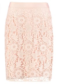 Lace pencil skirt in soft pink, featuring intricate floral and leaf patterns, with a smooth waistband and textured decorative details.