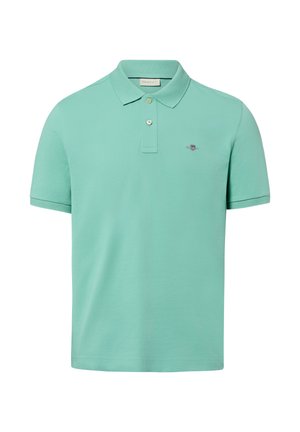 Herrenpoloshirt in Minzgrün mit kurzen Ärmeln, zwei Knöpfen, einem Kragen und einem kleinen gestickten Logo auf der linken Brust.