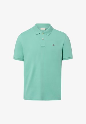 Mintgroen poloshirt voor heren met korte mouwen, twee knopen, een kraag en een klein geborduurd logo op de linkerborst.