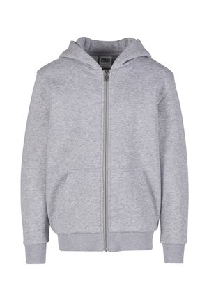 Lichtgrijze hoodie met rits, voorzakken, geribbelde manchetten en zoom, en aangehechte capuchon, getoond tegen een witte achtergrond.