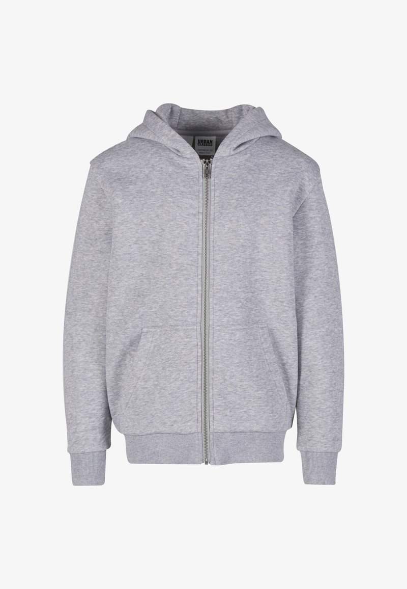 Sweat à capuche gris clair zippé avec poches avant, poignets et ourlet côtelés, et capuche attachée, présenté sur un fond blanc.