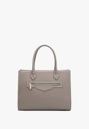 Grijze gestructureerde handtas van textuurleer, met dubbele handgrepen bovenaan en een voorvak met rits en gouden hardware.
